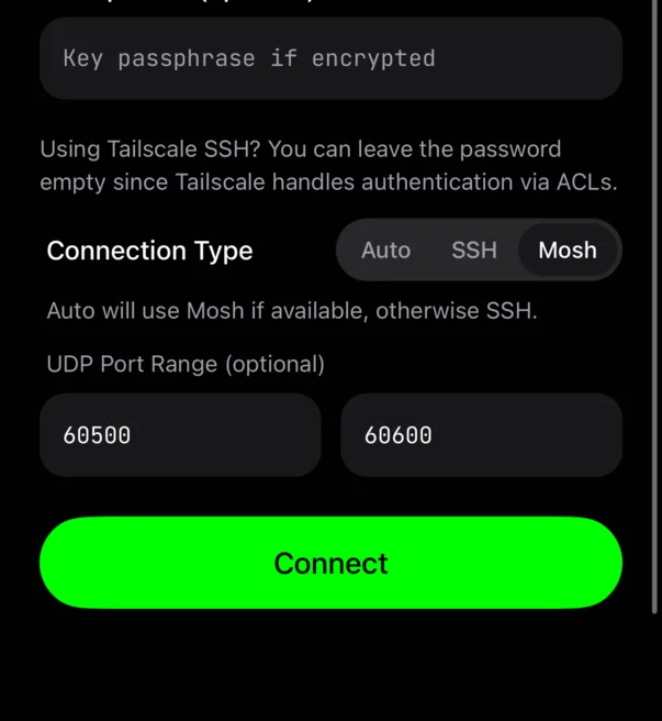 Moshi connection settings showing UDP Port Range fields
