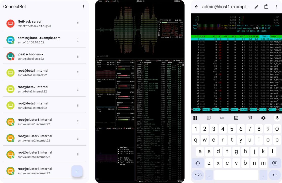 ConnectBot app screenshots: saved host list and plain SSH terminal sessions