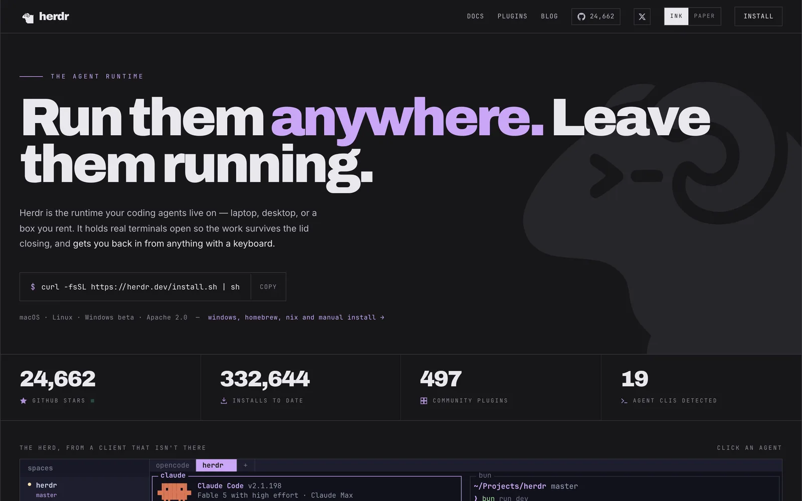 herdr.dev — Herdr's homepage: run agents anywhere, leave them running