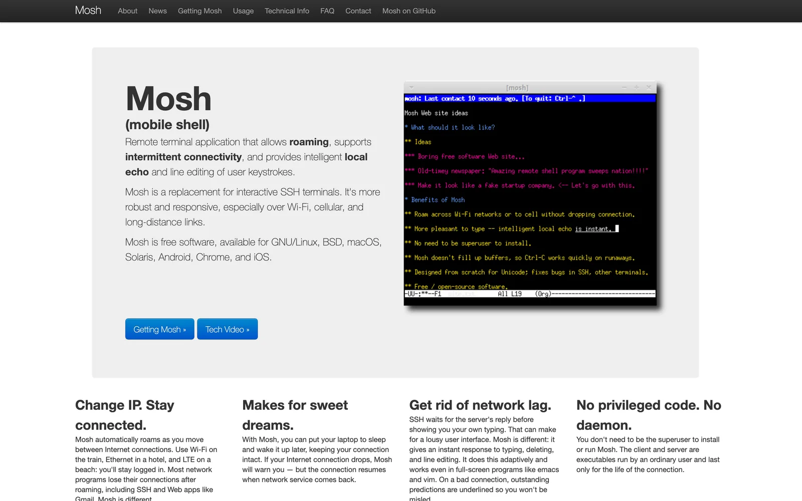 mosh.org — the mobile shell's homepage with its roaming and intermittent-connectivity pitch