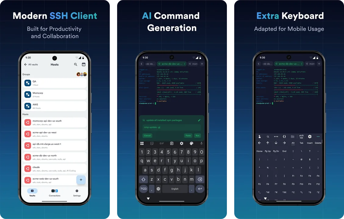 Termius Android app screenshots: synced host list, AI command generation, and extra keyboard
