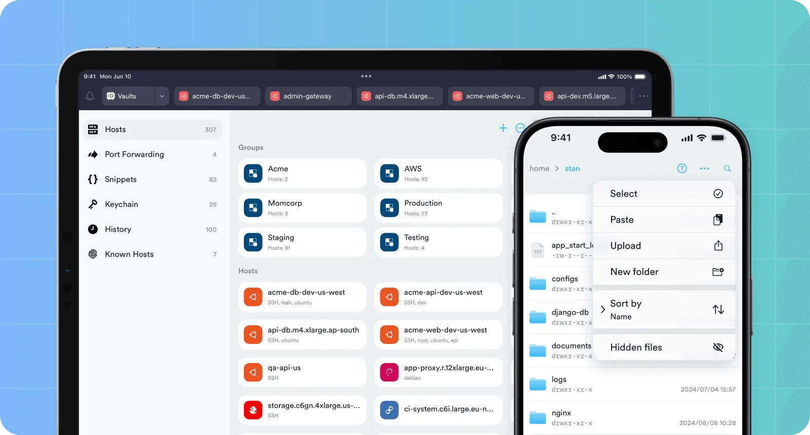 Termius's SFTP file manager browsing remote files