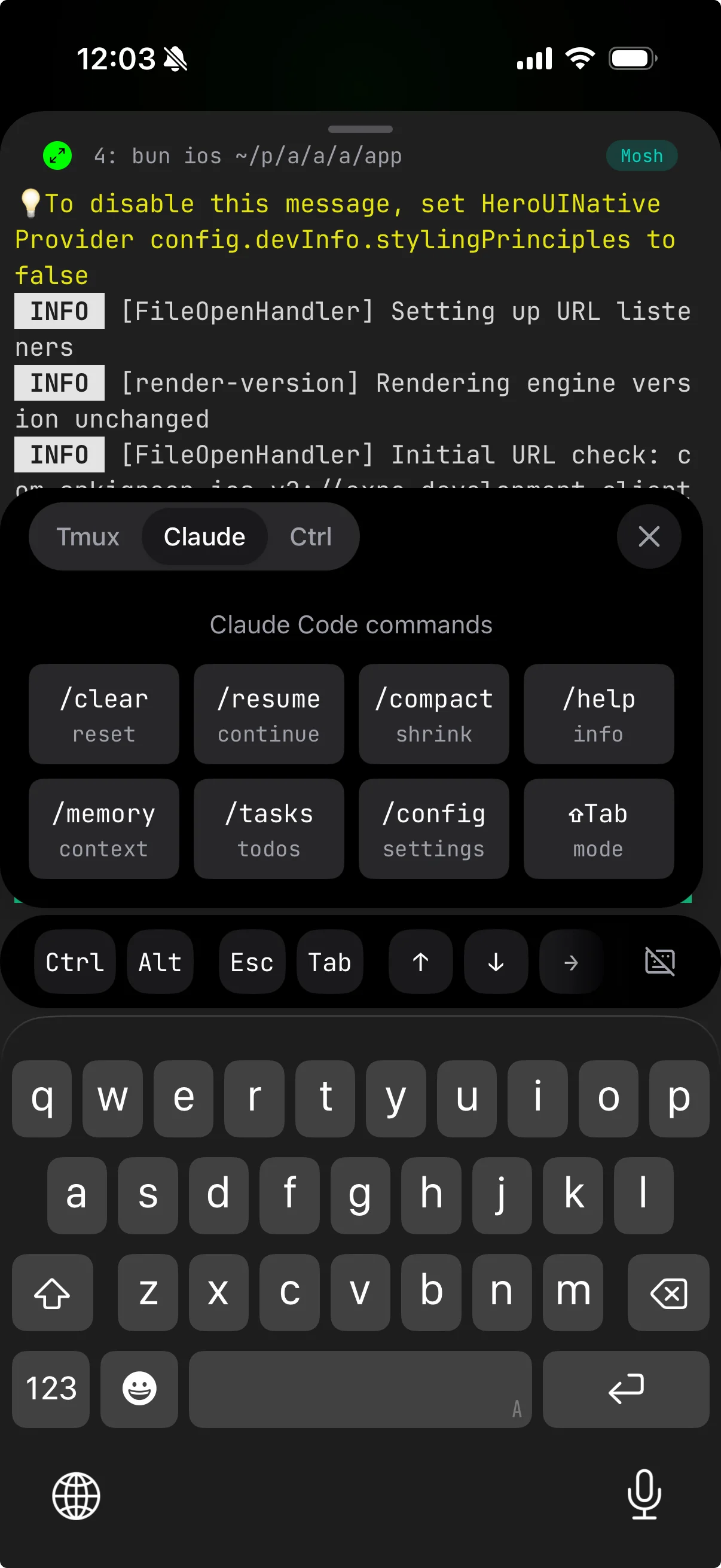 Moshi Claude Code shortcuts panel