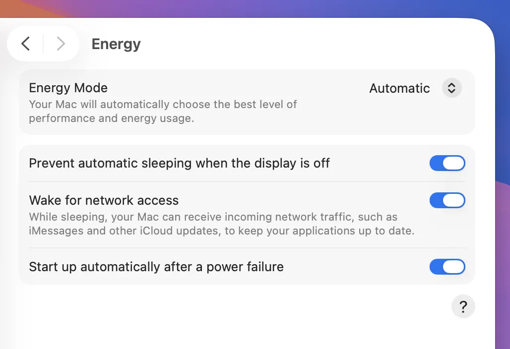 Energy settings for an always-on host — never sleep on power, wake after a power failure.
